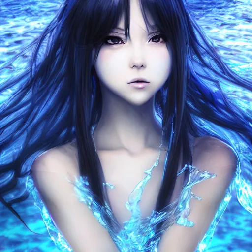 Image similar to advanced digital portrait painting photograph, a very beautiful anime girl wearing a dress made of water standing in a crystal lake turning into mist , full body, very long black hair, azure blue watery eyes, full round face, seductive stare, cinematic lighting, medium shot, mid-shot, highly detailed, trending on artstation, Unreal Engine 4k, Stanley Artgerm Lau, WLOP, Rossdraws, James Jean, Andrei Riabovitchev, Marc Simonetti, and Sakimichan