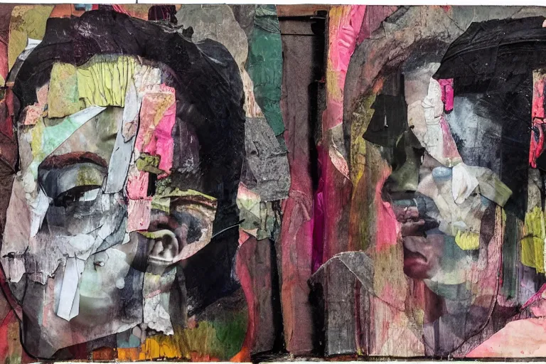 Image similar to Two still figures facing camera, They are emotional. Chaotic, glitch art aesthetic, collage folded, ethereal painting in the style of Francis Bacon