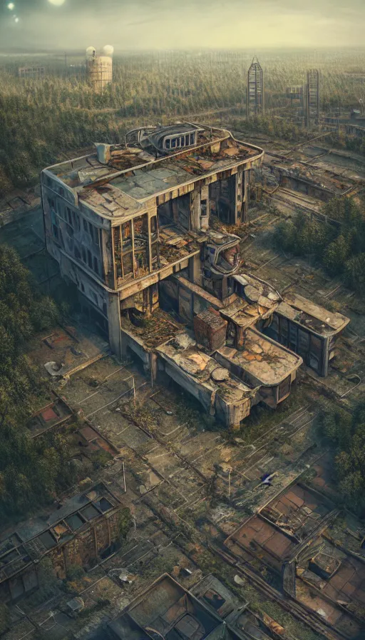 Prompt: a beautiful hyperdetailed illustration of port urbex building industrial architecture abandoned nature city architecture unfinished building by mike winkelmann, at dawn, archdaily, wallpaper, highly detailed, trending on artstation.