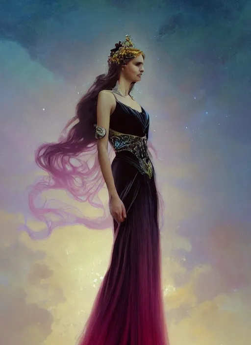 Prompt: ombre velvet gown, beautiful elegant bird woman, portrait, dramatic light on face, long hair, tiara, dozens of jeweled necklaces, by greg rutkowski, brom, anato finnstark, alphonse mucha