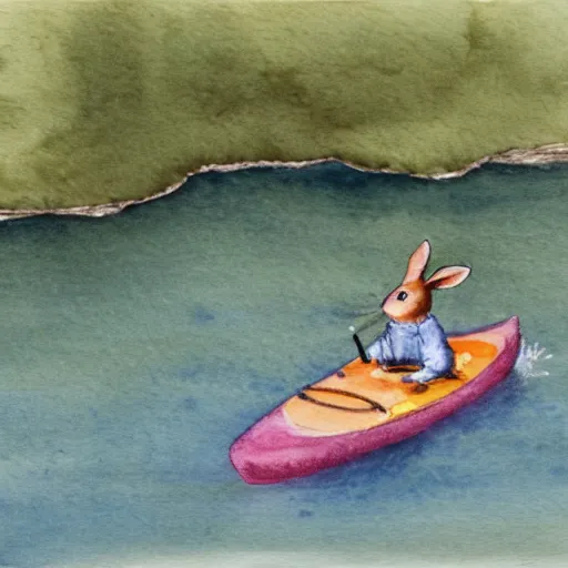 Prompt: a rabbit paddling a kayak on a small stream, watercolour realism