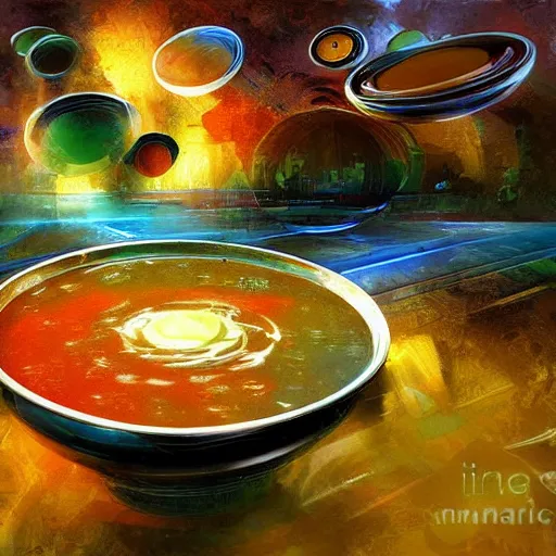 Prompt: a bowl of soup that is portal to another dimension as a digital art. in the style of john berkey.
