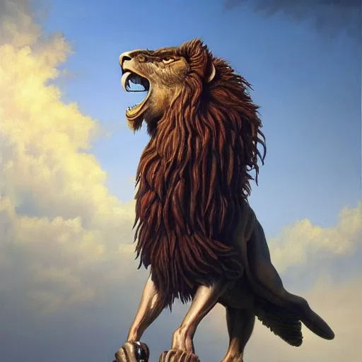 Image similar to a realistic oil painting of a winged lion's body with an eagle head, highly detailed, trending on artstation, by james gurney and michael whelan