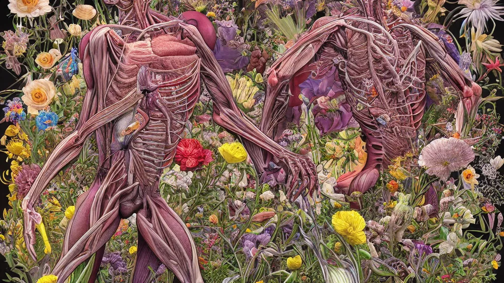 Image similar to highly detailed illustration of a human anatomy body exploded by all the known species of flowers by juan gatti, by moebius!!,, by oliver vernon, by joseph moncada, by damon soule, by manabu ikeda, by kyle hotz, by dan mumford, by kilian eng