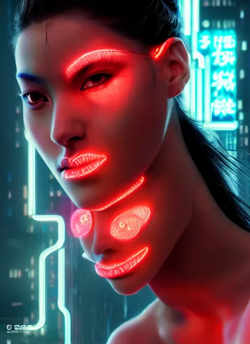 Prompt: photorealistic portrait of oriental female humanoid with freckle cheeks, cyber neon lightings, intricate, cyberpunk high fashion, elegant, crispy quality, digital photography, trending in artstation, trending in pinterest, glamor pose, no signature, no watermark, cinematic, octane render, art by artgerm, art by greg rutkowski, art by pascal blanche