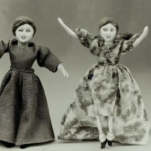 Image similar to A photograph of Else and Anna dancing as miniature dolls, movie still
