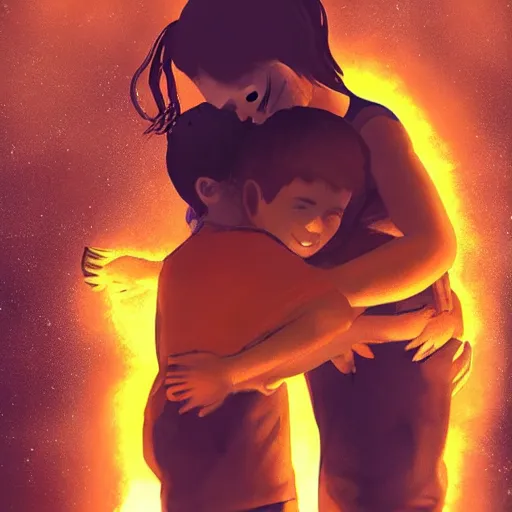 Image similar to “A family hugging each other for the last time as the world is ending, meteors are falling from the sky, everything is on fire, dramatic lighting, digital art, very very very very very very beautiful, 8K, dark lighting, trending on Artstation, award winning”