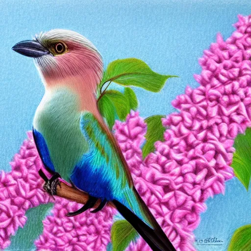 Image similar to a color pencil drawing of an lilac - breasted roller - eater by natalia rojas and ana maria martinez jaramillo, pastel color, wingspan, high quality, artstation, 4 k, realism, ultra realistic, fine art, white background, professionnal work
