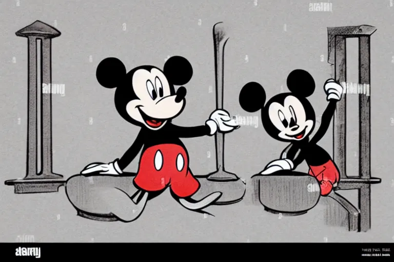 Prompt: courtroom sketch of vintage disney character mickey mouse presenting evidence of copyright infringement to the judge bench court room wooden serious dark tone