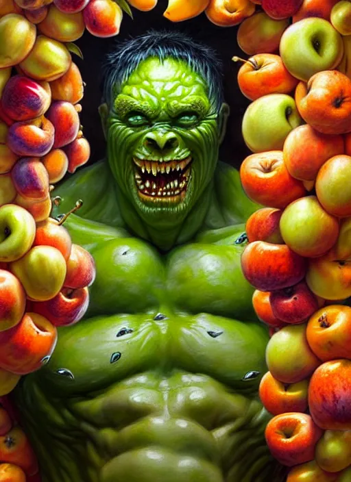 Image similar to an monster man in a white robe, green skin, covered in fruit, apples, oranges, bananas, intricate, highly detailed, concept art, hyperrealistic, oil painting by greg staples and tristan eaton, 8 k