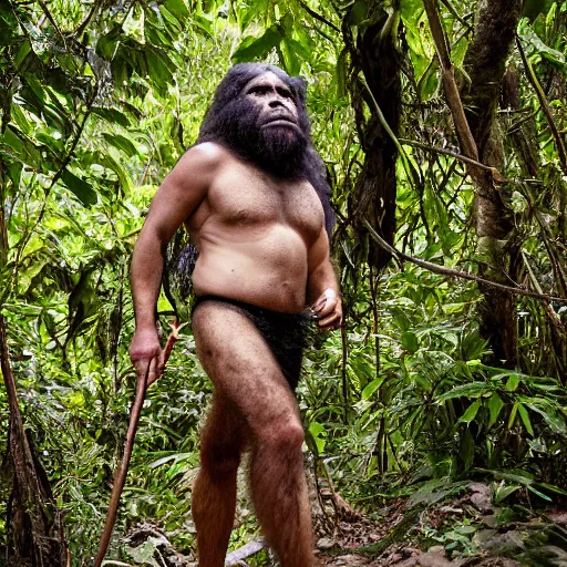 Image similar to george washington cave man, piercing eyes, walking towards camera in the jungle, wildlife camera