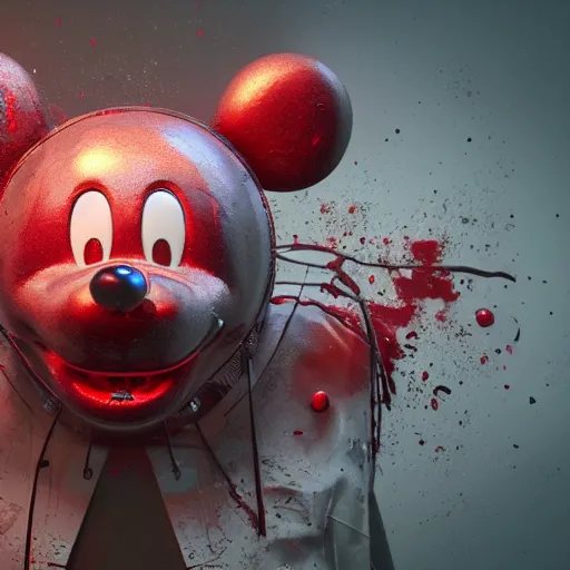 Image similar to a giant mickey mouse, dissected by a group of network executives, on an operating table, octane render, cgstation, 3 d render, very detailed, mindblowing, blood and guts, gritty, cyberpunk