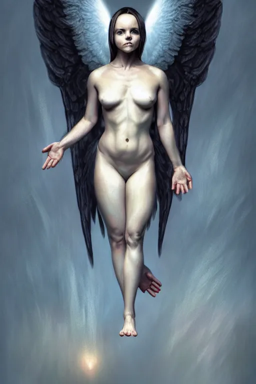 Image similar to Full body potrait of Christina Ricci as an angel doing yoga , angel is split in two with smoke, fantasy, intricate, elegant, highly detailed, digital painting, artstation, concept art, smooth, sharp focus, illustration, art by Ilja Repin