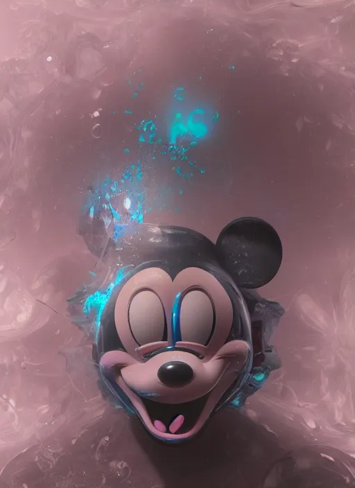 Image similar to mickey mouse head, fractal, broken, wet, mycelium, radiant alien, rococo, baroque, automotive, bio-mechanical, porcelain, iridescent sub surface scattering, octane render