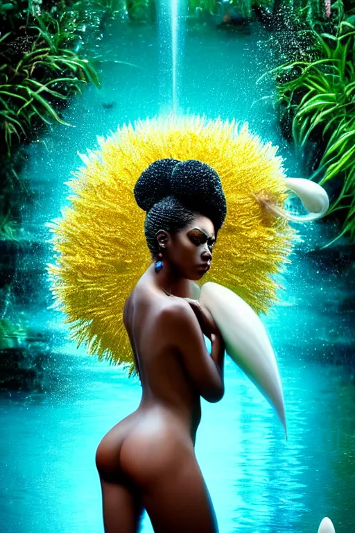 Image similar to hyperrealistic neo - surreal cinematic very beautiful! black oshun goddess with white! iris, in water, yoruba body paint, mirror dripping droplet!, gold flowers, highly detailed face, digital art masterpiece, smooth robert steven connett eric zener dramatic teal light, ground angle uhd 8 k, sharp focus