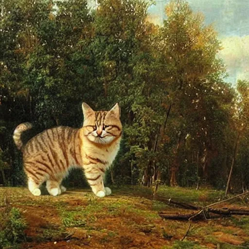 Image similar to huge cat besides small houses, oil painting by Ivan Shishkin