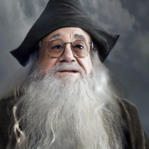 Image similar to danny devito starring as gandalf the white in the 2 0 2 4 lord of the rings movie, full body, hyper realistic, high quality, wide angle