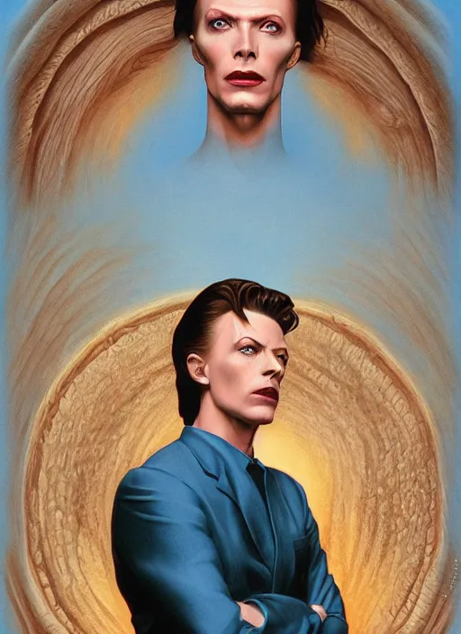 Prompt: twin peaks poster art, portrait of david bowie large blue rose looms over him, by michael whelan, rossetti bouguereau, artgerm, retro, nostalgic, old fashioned