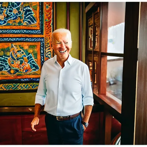 Image similar to A Photo Portrait of Joe Biden Wearing Indonesian Batik Tulis at a fancy Balinese restaurant, award winning photography, sigma 85mm Lens F/1.4, blurred background, perfect faces