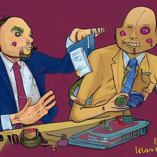 Prompt: toe jam and earl begin their painful transformation into human attorneys, mixed media