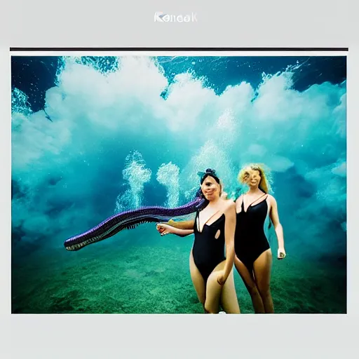 Image similar to dreamlike film photography of a three beautiful women in black one piece swimsuits picnicking at night underwater in front of colourful underwater clouds by Kim Keever. In the foreground floats a seasnake. low shutter speed, 35mm