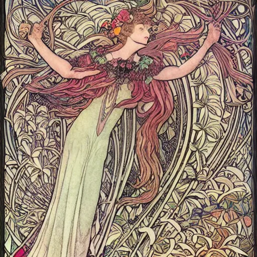 Image similar to a sharp, detailed, intricate, art nouveau floral fantasy illustration by walter crane, edmund dulac, arthur rackham, and mucha