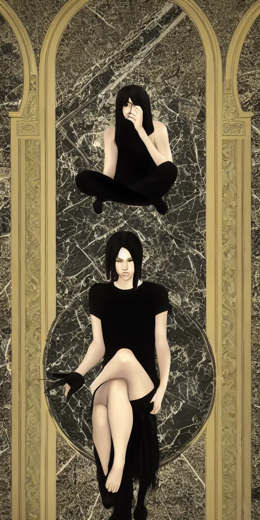 Image similar to photo of lonely young girl with straight long black hair wearing black dress and sitting on bathroom floor, photo made by vanessa beecroft, render by artgem and alphonse mucha for capcom co, resident evil