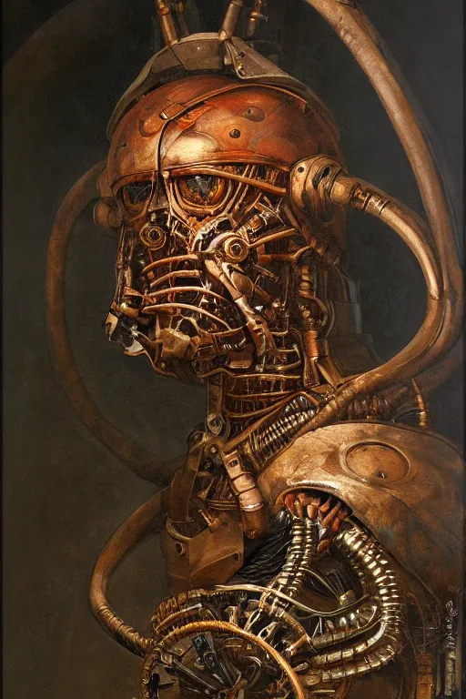 Prompt: beautiful oil clean painting biomechanical portrait of man with huge helmet complex machine by wayne barlowe, rembrandt, complex, stunning, realistic skin color, 4 k, high res, awardwinning, masterpiece, realistic lighting