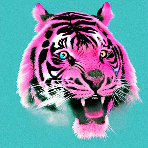 Prompt: Mr. Beast’s head in the body of a cyan/pink tiger