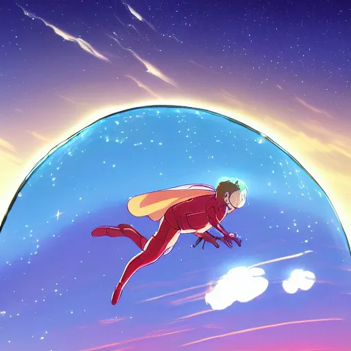 Image similar to illustration of a super hero flying over glowing sci fi dome, studio ghibli, ultra hd