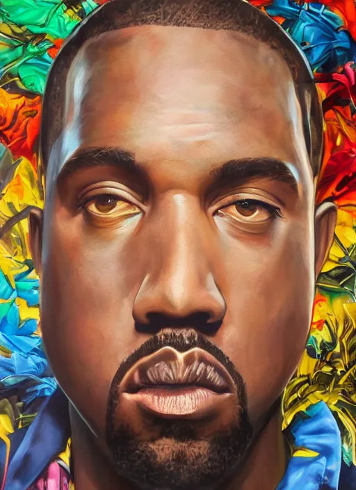 Prompt: ( ( ( ( ( beautiful painting of [ kanye west ], [ kanye west ] concept art, sci - fi illustration, airbrush watercolor painting [ cyberpunk ] ) ) ) ) ) by kehinde wiley and archan nair [ hyperrealism ]!!!!!!!