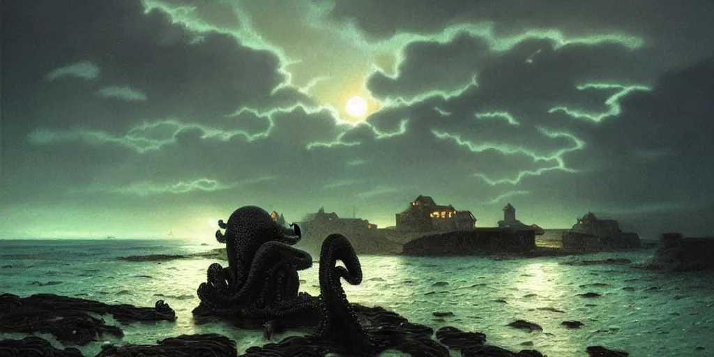 Image similar to landscape view on an old fishing village at night, destryed by a humanoid octopus creature emerging from the ocean, night colors, high - key lighting, beautiful composition, intricate, gradient from green to black, pro photography by, highly detailed, digital painting, art by artgerm and greg rutkowski and alphonse mucha, smooth, sharp focus illustration