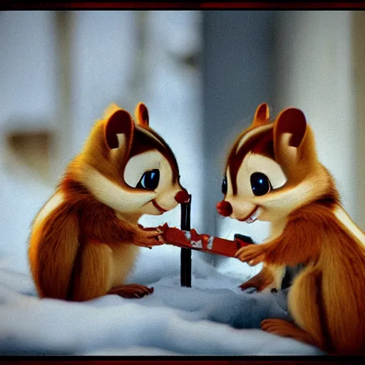 Image similar to two chipmunks ( chip and dale ) smoking cigarettes, soviet plattenbau houses at background, cinematic lighting, winter, melancholy atmosphere, volumetric light, realistic reflections, depression atmosphere, postprocessing