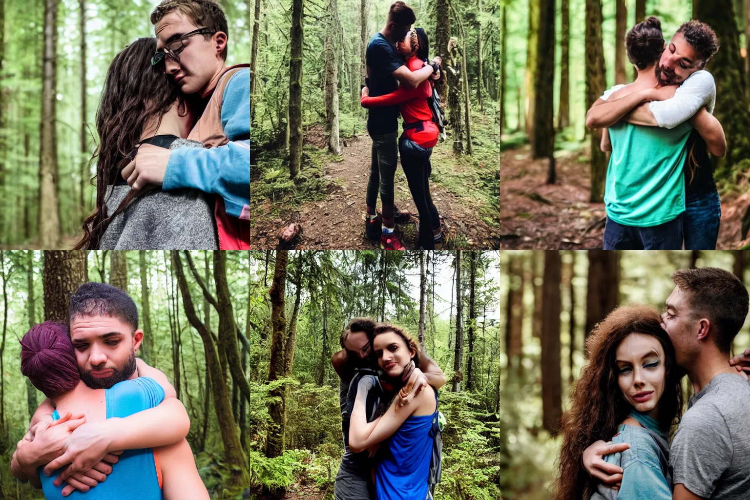 Prompt: transgender woman with her boyfriend hugging while hiking in the forest