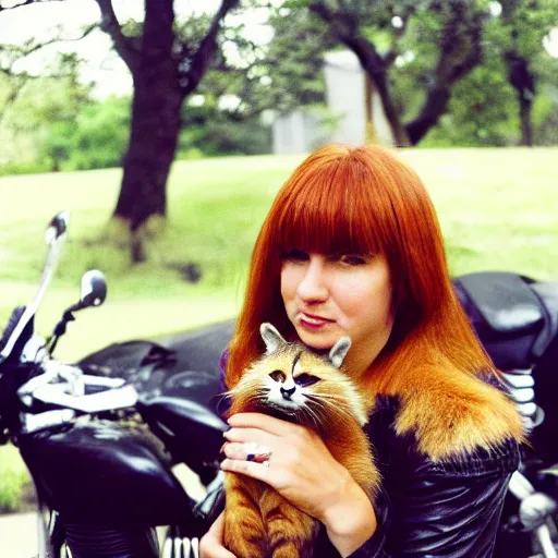 Image similar to a photo by arbus of a slender beautiful woman with straight ginger hair and bangs, wearing purple leathers and gold helmet, posing with large ginger tabby and raccoon on a motorcycle in her front yard, holding coffee mug and toasted brioche bun, fashion photography, dramatic lighting, 8 5 mm lens