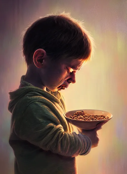 Image similar to moody portrait of a young boy sobbing uncontrollably because he has no more cereal in his bowl, tragedy, path traced, environment, highly detailed, high quality, digital painting, alena aenami, lilia alvarado, shinji aramaki, karol bak, alphonse mucha, tom bagshaw