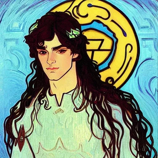 Image similar to painting of young handsome beautiful paladin elf! man with long wavy dark hair in his 2 0 s named shadow taehyung at the blueberry party, wearing armor!, elegant, clear, painting, stylized, delicate, soft facial features, art, art by alphonse mucha, vincent van gogh, egon schiele,