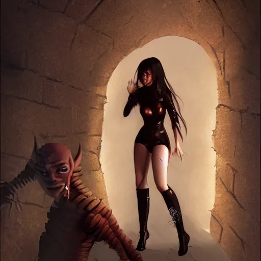 Image similar to a boy victim being intimidated by a succubus in a leather suit, devi wings, cracked brick wall, long hallway, light at the end of the tunnel, volumetric lighting, concept art, detailed, dramatic lighting, by hayao miyazaki