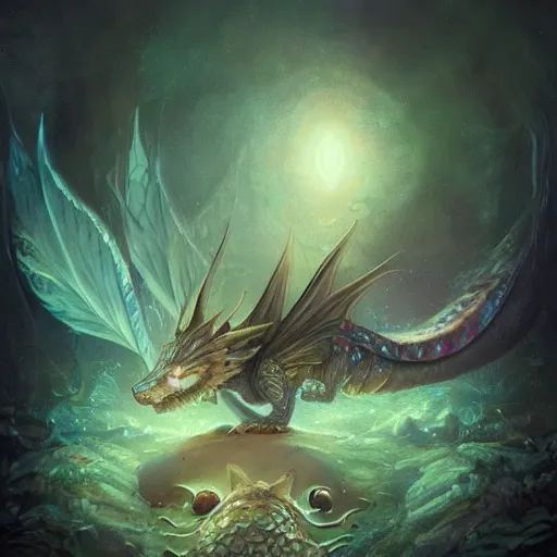 Image similar to a hyperrealistic illustration of a cute and tiny dragon that glows in the dark, dragon baby, glow in the dark, fractal moonlight, little dragon with glowing scales, award - winning, masterpiece, in the style of tom bagshaw, cedric peyravernay, peter mohrbacher