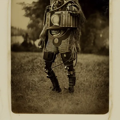 Prompt: tintype photographs of techno shamans, telepaths, dieselpunk cyborgs, masked heroes, irradiated humans, and monster hunters