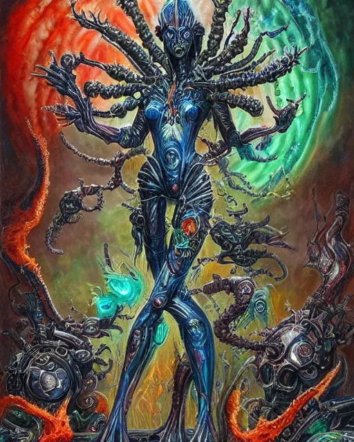 Image similar to silver mechanical charred bloody fleshmetal cyborg daemonhost woman psychedelic flamer of tzeentch with extra arms guns, blue and green rainbow fire, by antonio j. manzanedo, alex grey, android jones, wayne barlowe, philippe druillet, josephine wall, harumi hironaka, cronenburg, trending on artstation