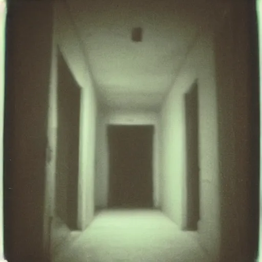 Prompt: creepiest thing at the end of a dark hallway, polaroid,