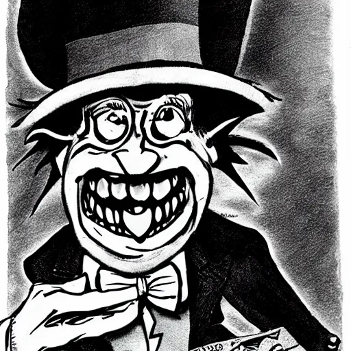 Image similar to a Pop Wonder scary horror themed goofy-hilarious-character Mad-Hatter-wearing a scarf, 3-piece-suit, dime-store-comic drawn with charcoal and pen and ink, half-tone-line-stacking