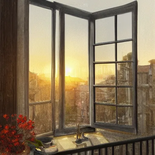 Prompt: the view from inside an apartment looking out a window into a busy street, by alan lee, sunset, windowsill has a big flowerpot, window glass reflecting, intricate, highly detailed terrain, digital painting, artstation, concept art, smooth, sharp focus, illustration, vfx