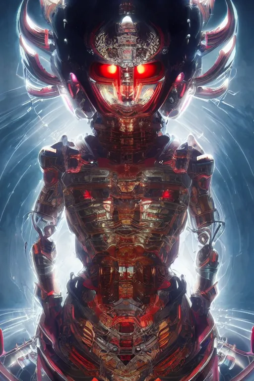 Image similar to asura from chinese myth, ghost, mecha, symmetrical. sci - fi, tech wear, glowing lights, intricate, elegant, highly detailed, digital painting, highly detailed, digital painting, artstation, concept art, smooth, sharp focus, illustration, art by artgerm and greg rutkowski and alphonse mucha