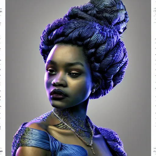 Prompt: the portrait of a blueberry that resembles an absurdly beautiful, graceful, elegant, sophisticated young black woman, an ultrafine hyperdetailed illustration by kim jung gi, irakli nadar, intricate linework, bright colors, octopath traveler, final fantasy, unreal engine 5 highly rendered, global illumination, radiant light, detailed and intricate environment