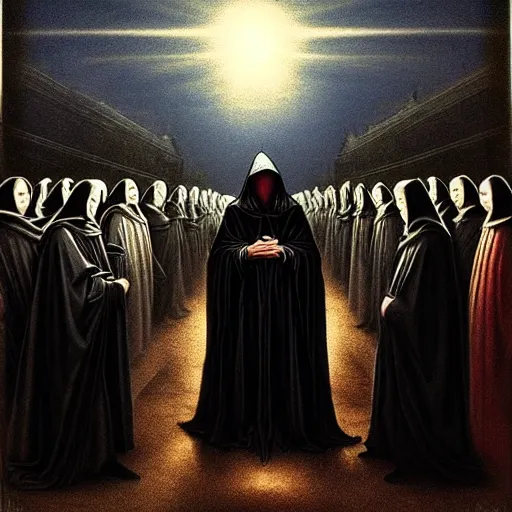 Image similar to the hooded messiah dressed in black robes leads his dark army towards the light, iconic, hero, silhouette, fantasy, epic, large scale, D&D, raphaelite, louvre