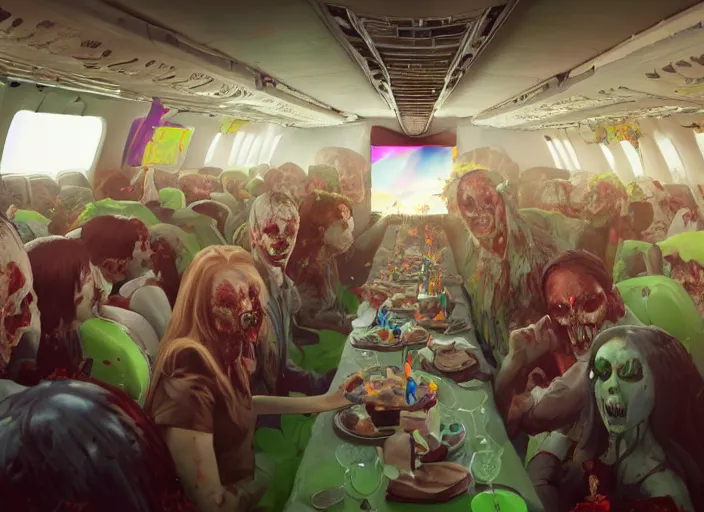 Prompt: boeing 737 cabin, a lot of zombies, birthday party, party hats, balloons, birthday cake, candles, realistic, insanely detailed, wide angle, Unreal 5 engine, trending on artstation, by Huang Guangjian and Gil Elvgren and Sachin Teng