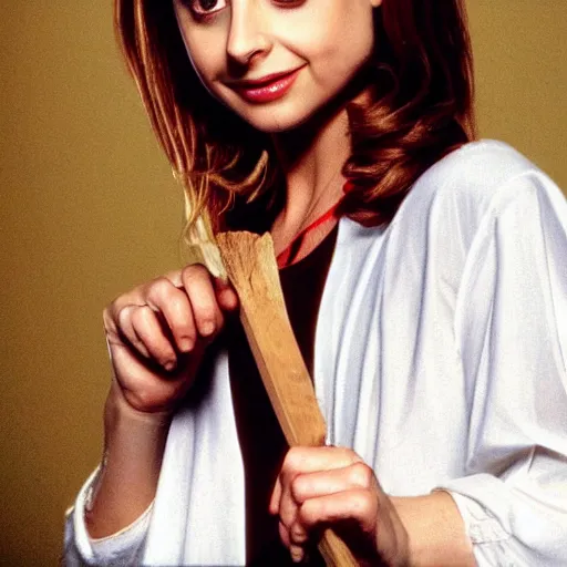 Image similar to sarah michelle gellar, buffy the vampire slayer, holding a stake, in the style of jo chen