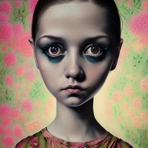 Image similar to hyper detailed portrait painting of a girl with big eyes in the style of artist mark ryden, symmetrical composition, in a landscape